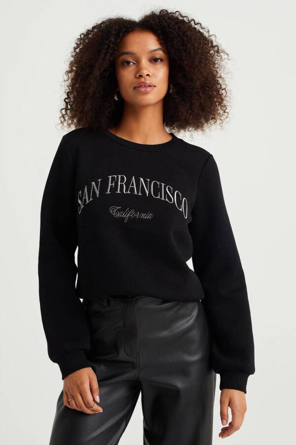 WE Fashion sweater met tekst zwart
