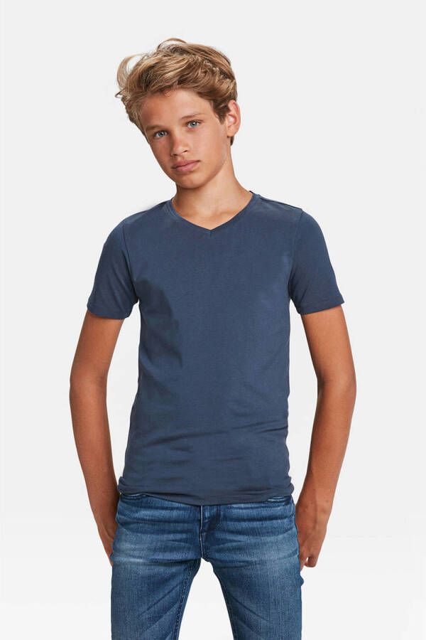 WE Fashion T-shirt Basics donkerblauw Jongens Katoen V-hals Effen 110 116