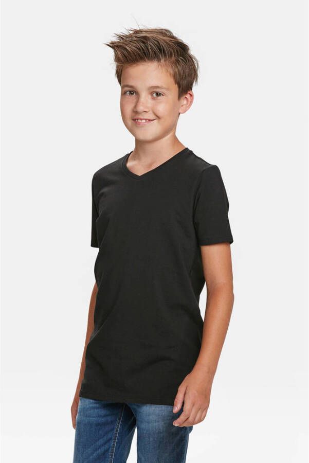 WE Fashion T-shirt Basics zwart Jongens Katoen V-hals Effen 110 116