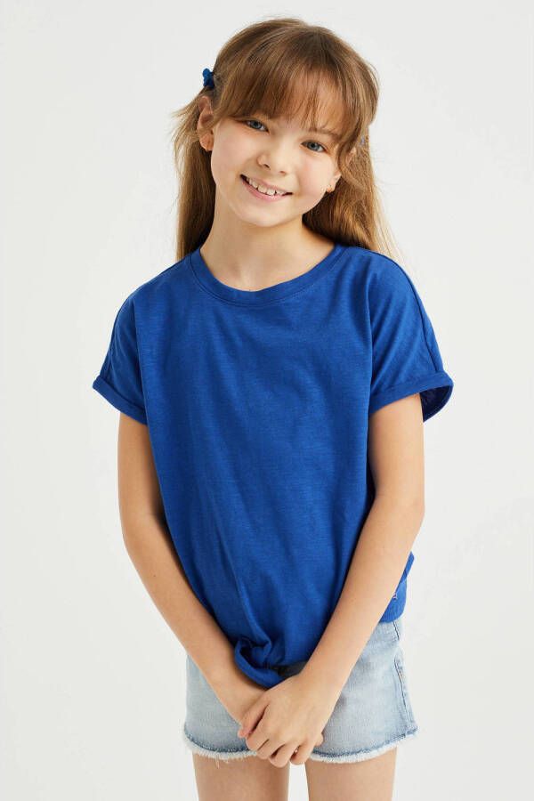 WE Fashion T-shirt kobaltblauw Meisjes Katoen Ronde hals Effen 110 116