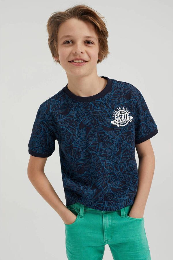 WE Fashion T-shirt met all over print blauw zwart