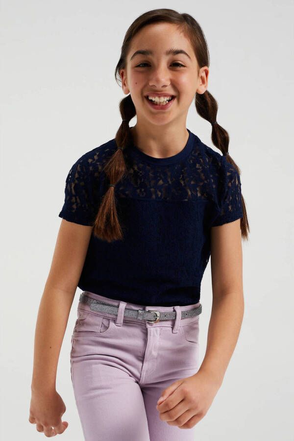 WE Fashion T-shirt met kant donkerblauw Meisjes Polyamide Ronde hals 134 140