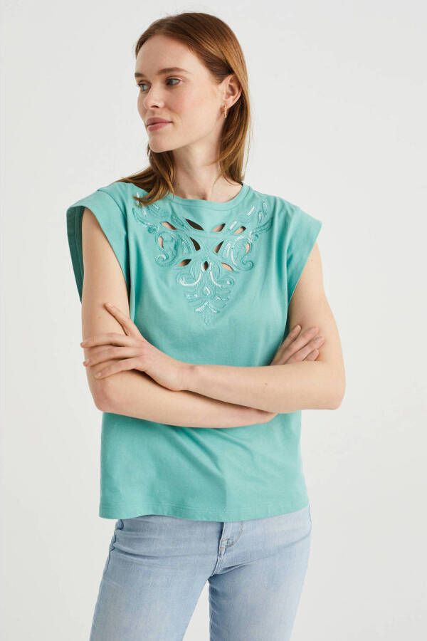 WE Fashion T-shirt met open detail turquoise