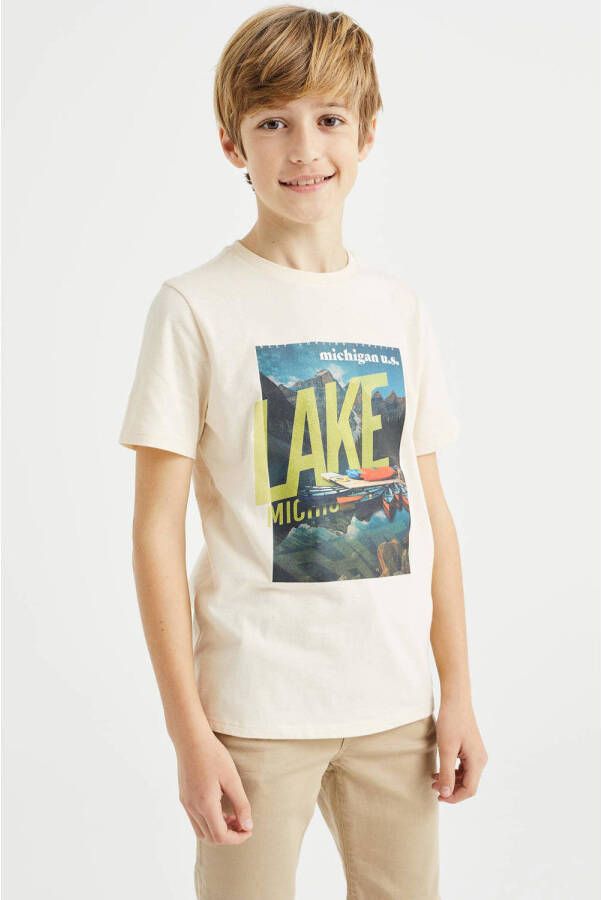 WE Fashion T-shirt met printopdruk ecru Jongens Katoen Ronde hals Printopdruk 110 116