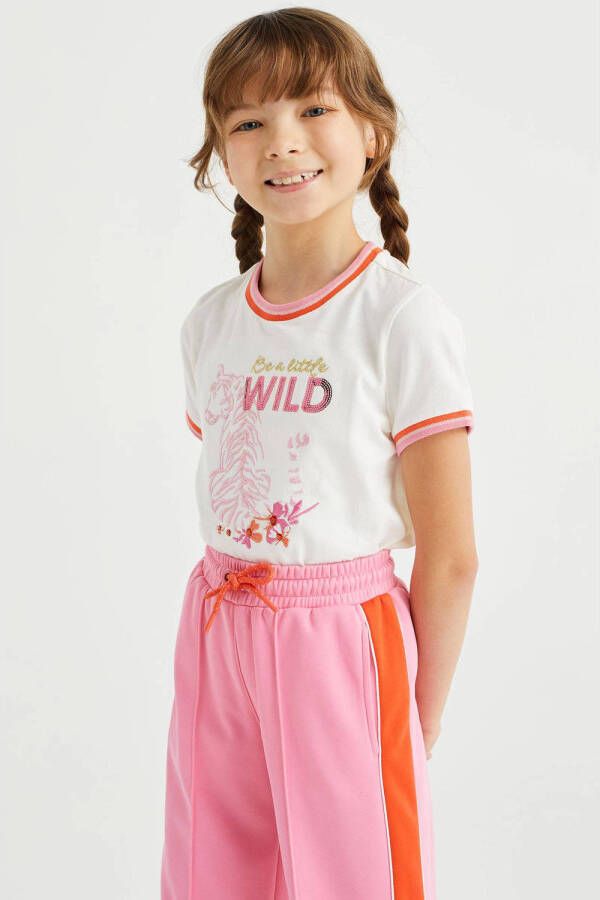 WE Fashion T-shirt met printopdruk wit roze Meisjes Stretchkatoen Ronde hals 110 116