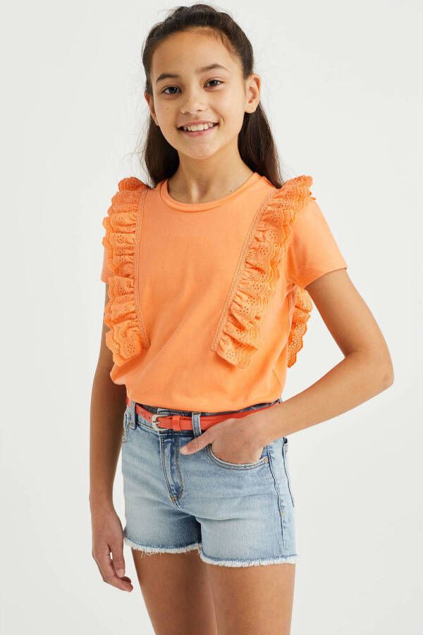 WE Fashion T-shirt met ruches oranje Meisjes Stretchkatoen Ronde hals 146 152