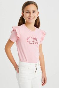 WE Fashion T-shirt met tekst en ruches roze