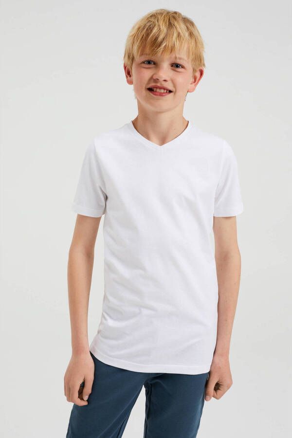 WE Fashion T-shirt set van 2 wit Jongens Stretchkatoen V-hals Effen 110 116