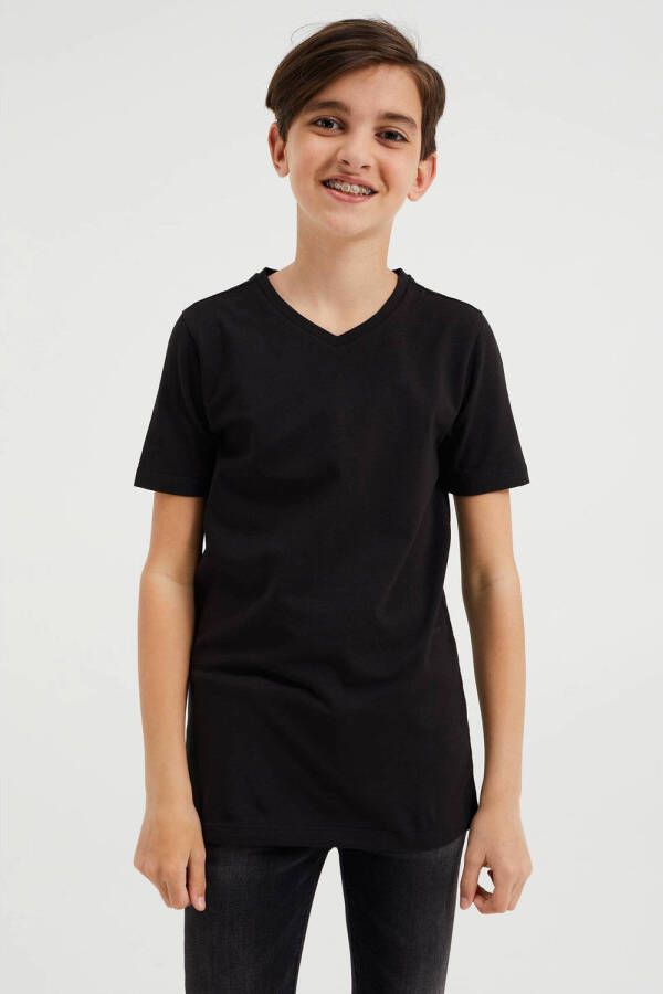 WE Fashion T-shirt set van 2 zwart Jongens Stretchkatoen V-hals Effen 110 116