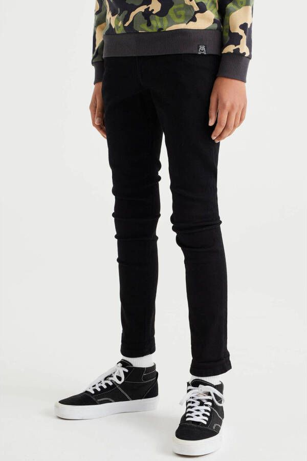 WE Fashion tapered fit jeans black uni Zwart Jongens Stretchdenim 110