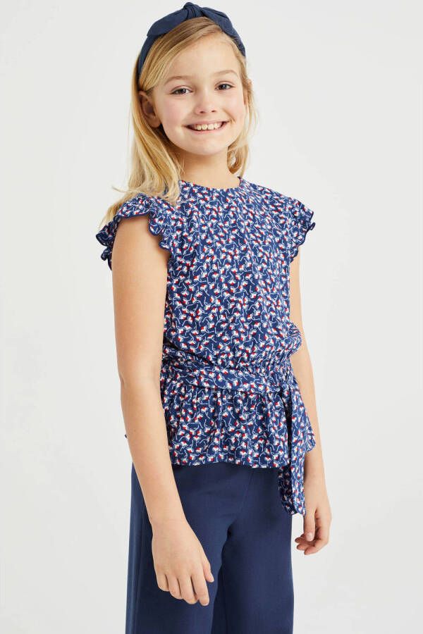 WE Fashion top met all over print donkerblauw wit rood