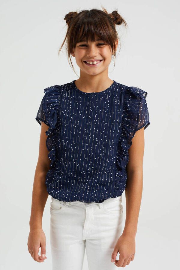 WE Fashion top met all over print en ruches donkerblauw Meisjes Polyester Ronde hals 146 152