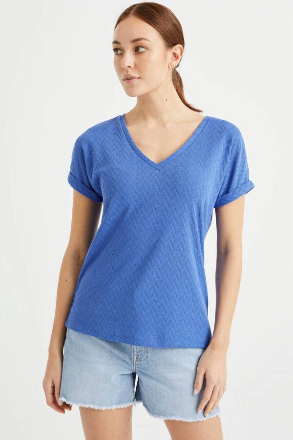 WE Fashion top met visgraat blauw