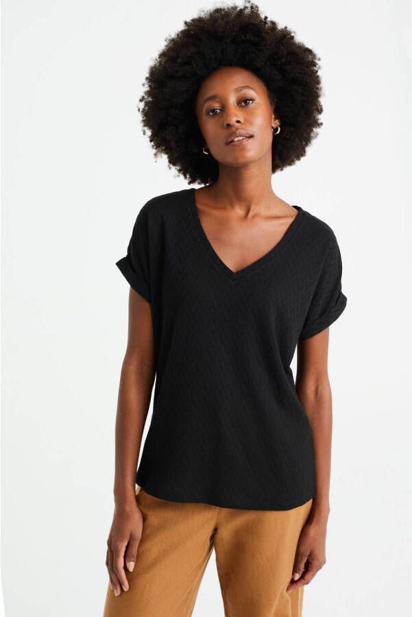 WE Fashion top met visgraat zwart