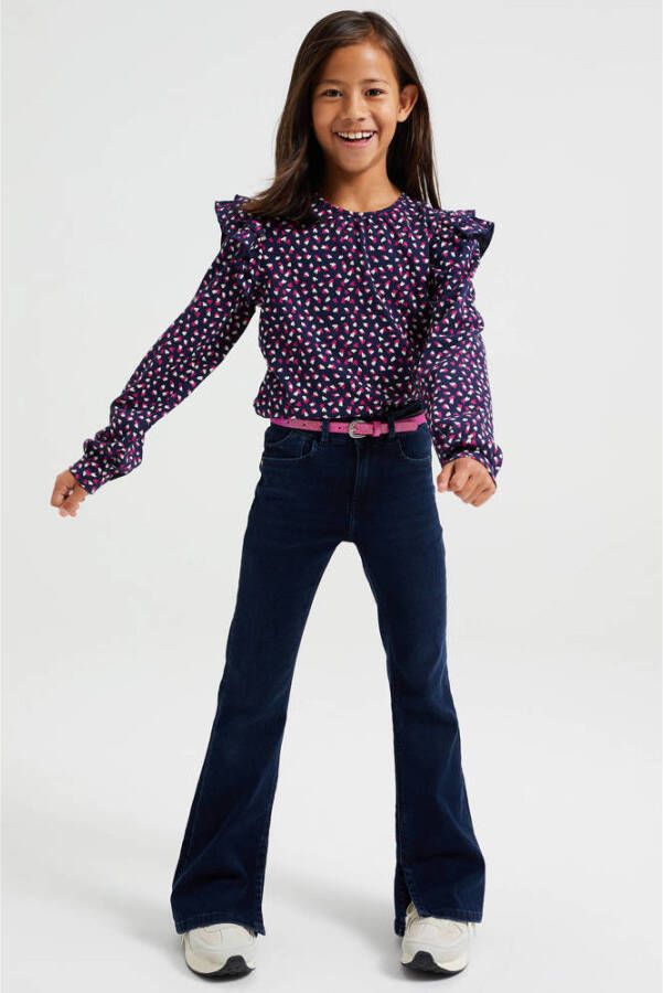 WE Fashion top met all over print en ruches donkerblauw fuchsia wit