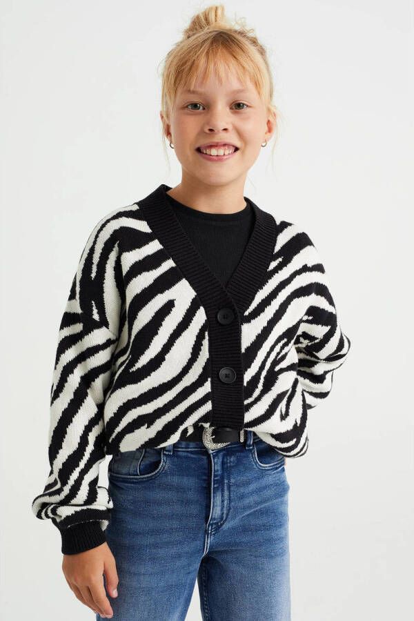 WE Fashion vest met zebraprint zwart wit Meisjes Katoen V-hals Zebraprint 122 128