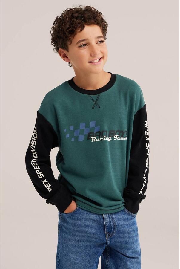 WE Fashion Bad Boys katoenen gebreide trui met tekst groen zwart - Foto 2