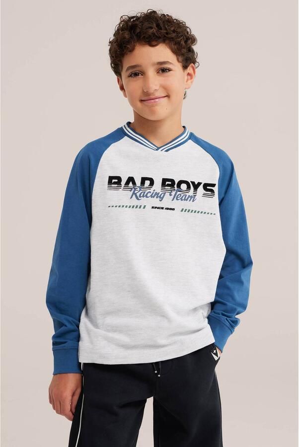 WE Fashion Bad Boys longsleeve met tekst grijs blauw Jongens Katoen V-hals Meerkleurig