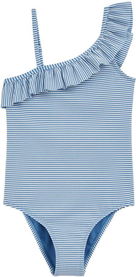 WE Fashion badpak met ruches blauw wit