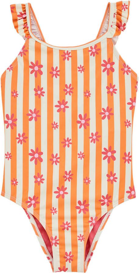 WE Fashion badpak met ruches oranje wit roze