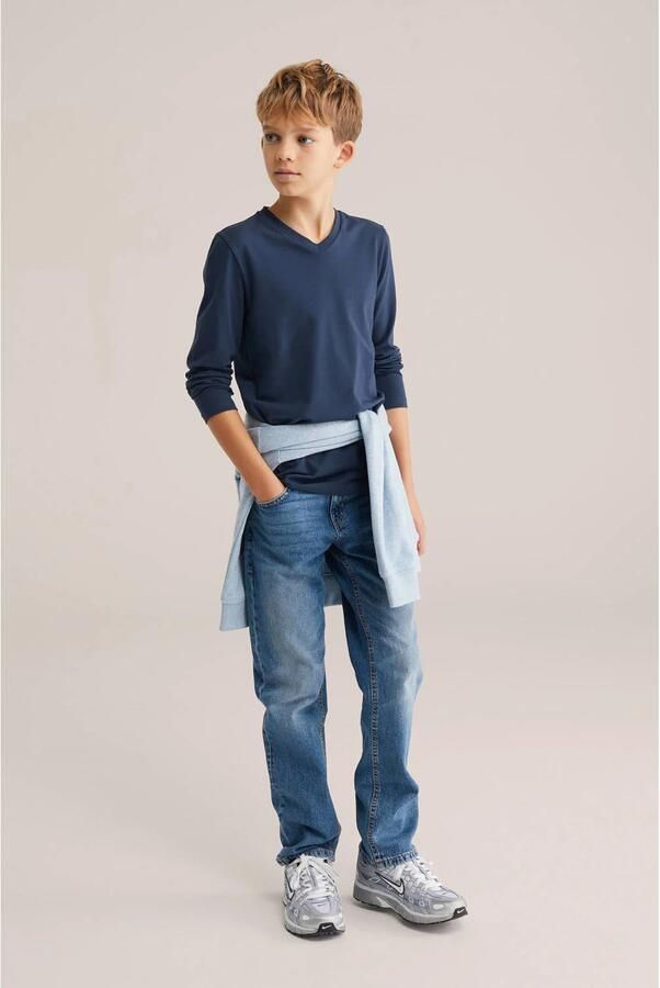 WE Fashion basic longsleeve donkerblauw Jongens Stretchkatoen V-hals Effen 146 152