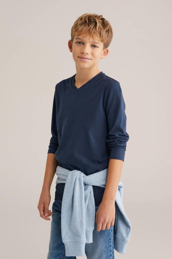 WE Fashion basic longsleeve donkerblauw Jongens Stretchkatoen V-hals Effen 146 152 - Foto 3