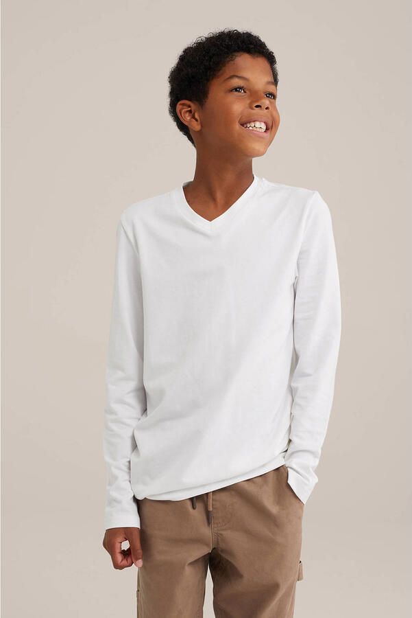 WE Fashion basic longsleeve wit Jongens Stretchkatoen V-hals Effen 110 116 - Foto 2