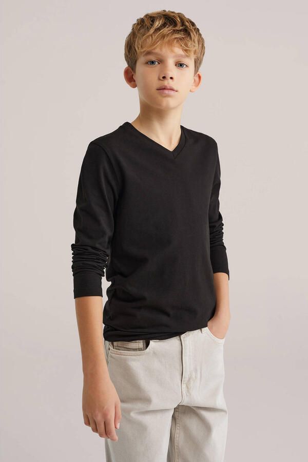 WE Fashion basic longsleeve zwart Jongens Stretchkatoen V-hals Effen 110 116