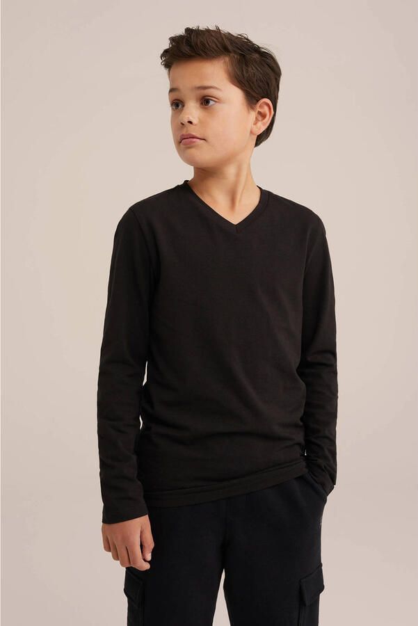 WE Fashion basic longsleeve zwart Jongens Stretchkatoen V-hals Effen 170 176