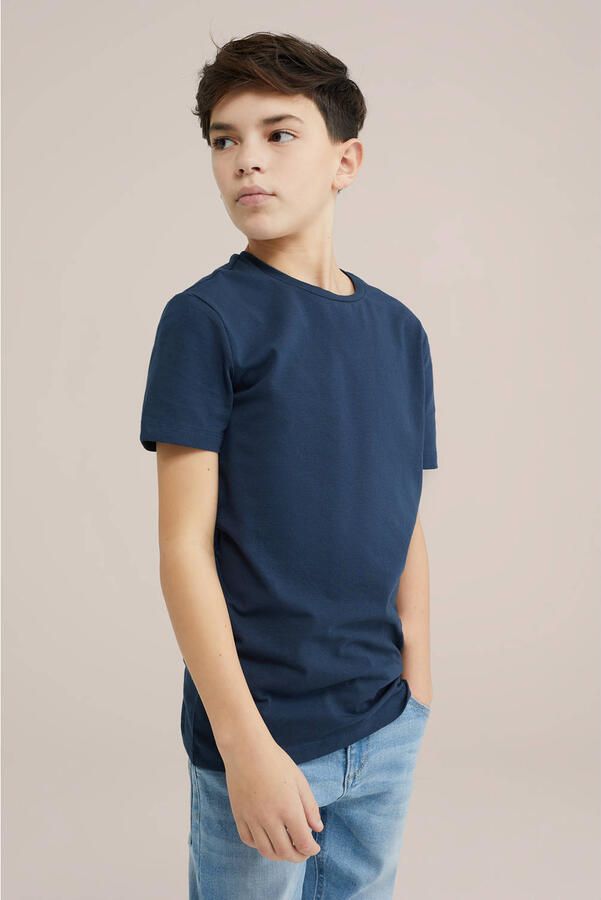 WE Fashion basic T-shirt donkerblauw Jongens Stretchkatoen Ronde hals Effen 134 140