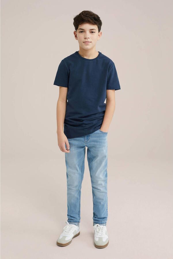 WE Fashion basic T-shirt donkerblauw Jongens Stretchkatoen Ronde hals Effen 134 140 - Foto 3