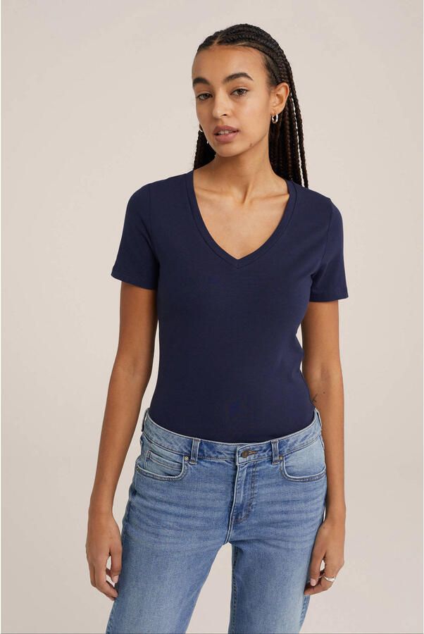WE Fashion basic T-shirt met katoen donkerblauw