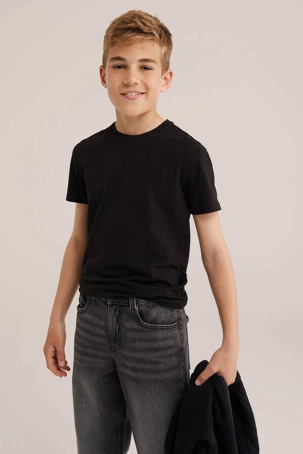 WE Fashion basic T-shirt zwart Jongens Stretchkatoen Ronde hals Effen 146 152 - Foto 2