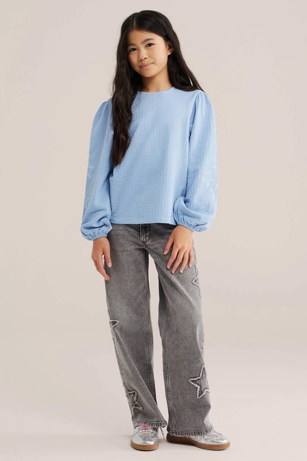 WE Fashion blousetop met borduursels en sterren lichtblauw - Foto 2