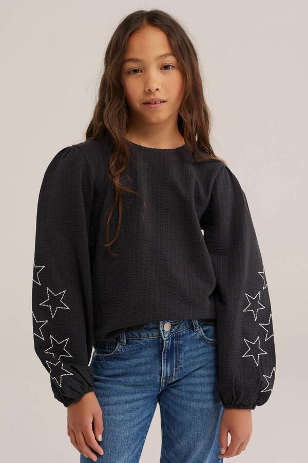 WE Fashion blousetop met borduursels en sterren zwart