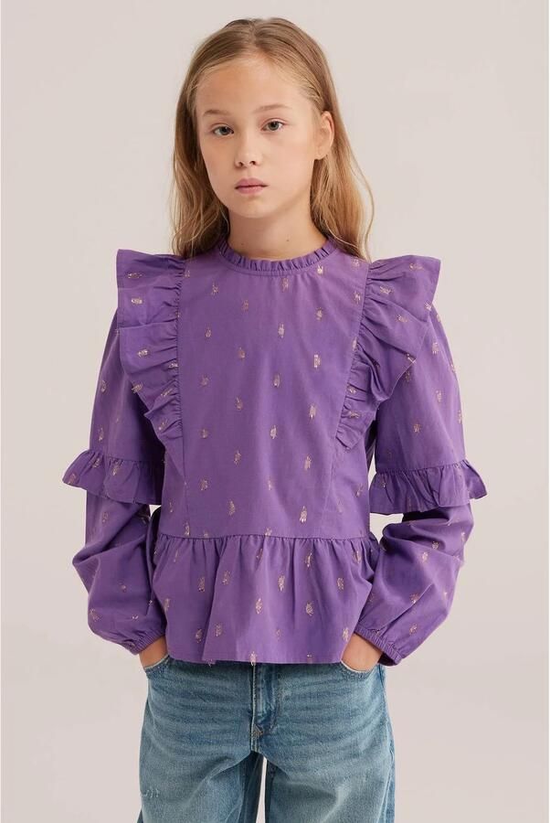 WE Fashion blousetop met ruches en print paars Meisjes Viscose Ronde hals glitter