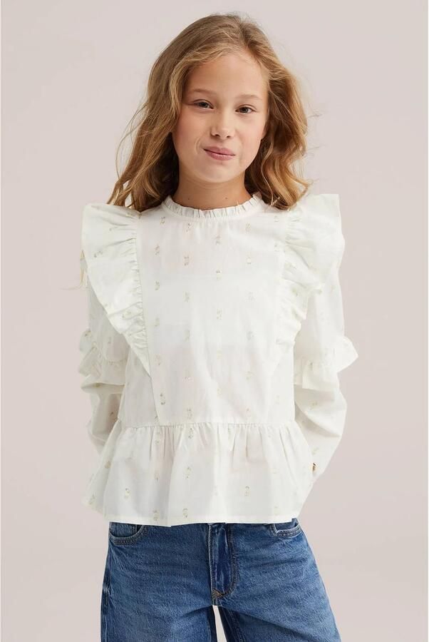 WE Fashion blousetop met ruches en print wit Meisjes Viscose Ronde hals glitter - Foto 3