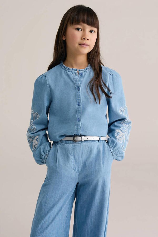 WE Fashion Blue Ridge denim gebloemde blouse light blue denim