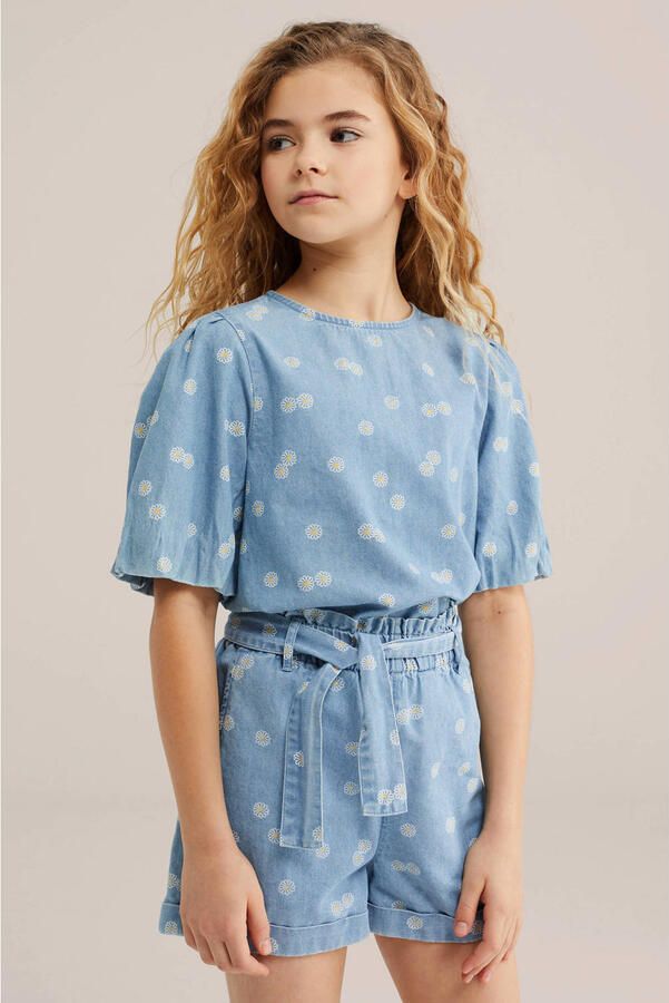 WE Fashion Blue Ridge denim gebloemde blousetop light blue denim