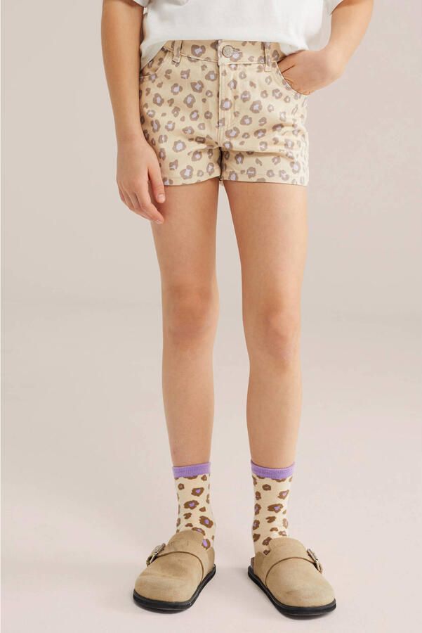 WE Fashion Blue Ridge denim straight short met panterprint beige