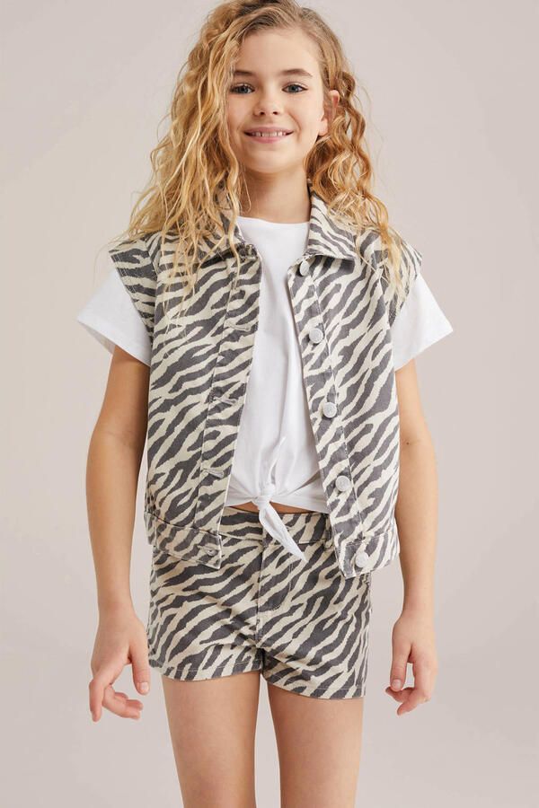 WE Fashion Blue Ridge denim straight short met zebraprint ecru