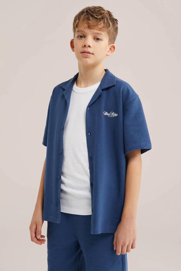 WE Fashion Blue Ridge overshirt met backprint met textuur donkerblauw