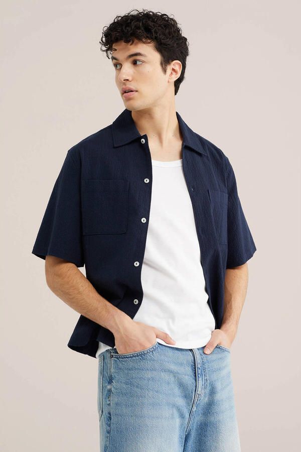 WE Fashion Blue Ridge relaxed casual overhemd donkerblauw
