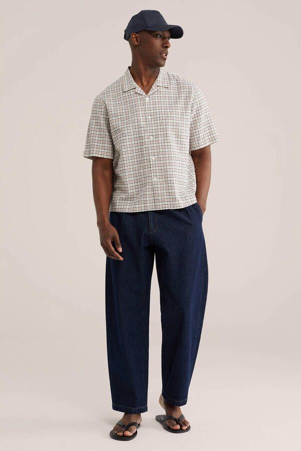 WE Fashion Blue Ridge relaxed geruit casual overhemd met linnen beige - Foto 3