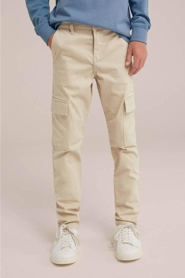 WE Fashion slim fit cargobroek beige Jongens Stretchkatoen Effen 104