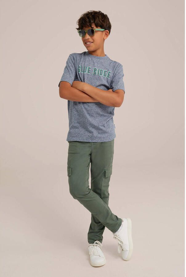 WE Fashion slim fit cargobroek olijfgroen Jongens Stretchkatoen Effen 116