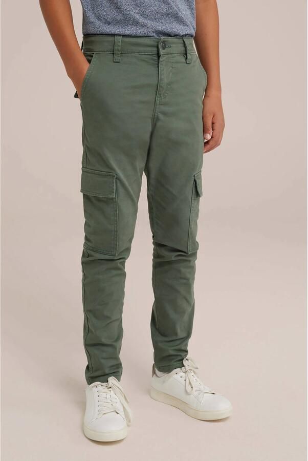 WE Fashion slim fit cargobroek olijfgroen Jongens Stretchkatoen Effen 116 - Foto 2