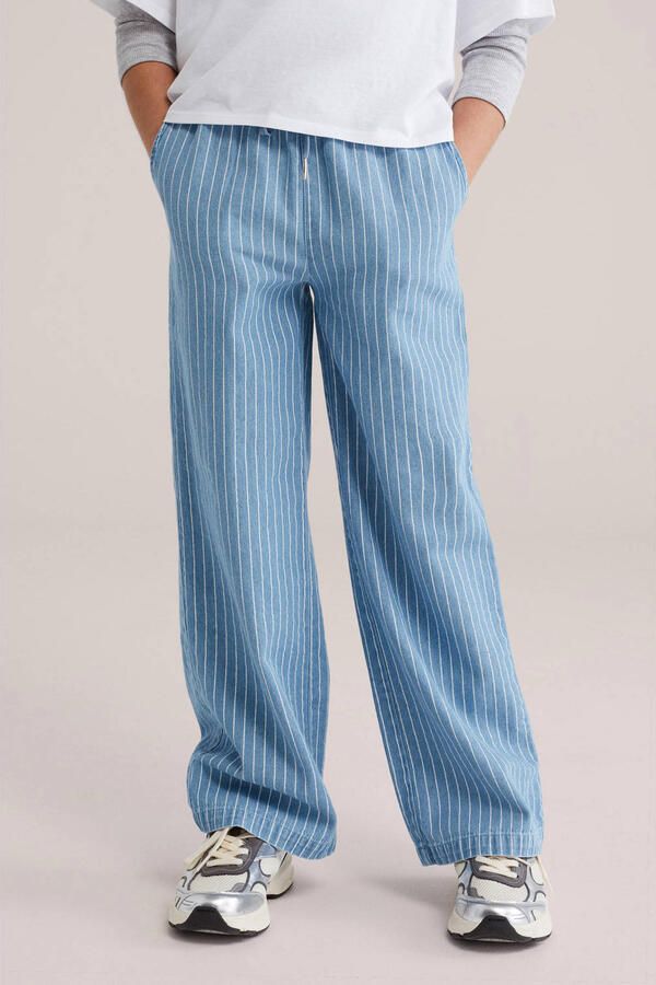 WE Fashion Blue Ridge straight gestreepte casual broek light blue denim