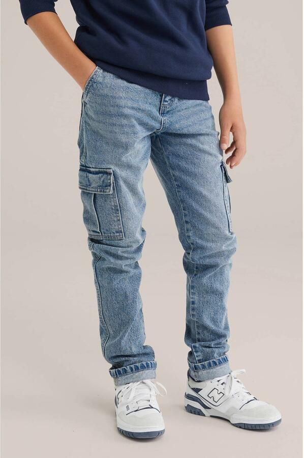 WE Fashion Blue Ridge tapered  waist cargo jeans light blue denim