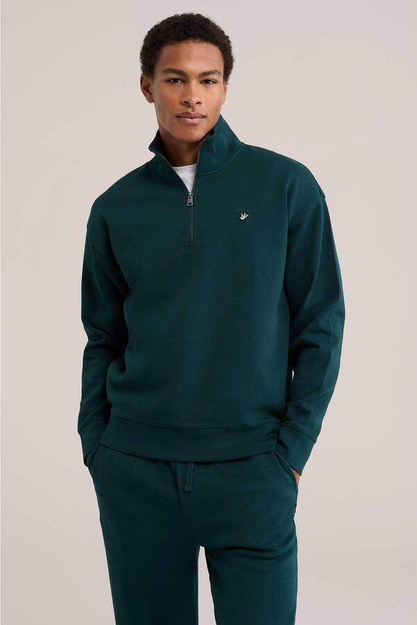 WE Fashion boxy interlock sweater met broderie donkergroen